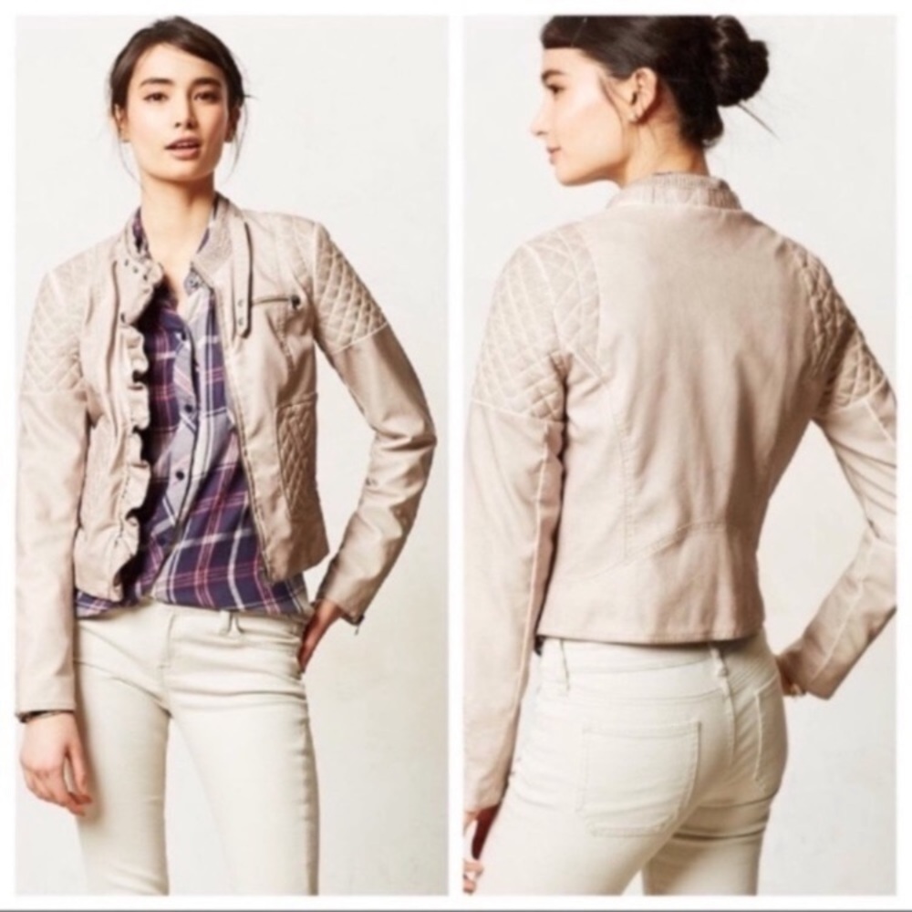 Anthropologie Elevenses Ruffled Vegan Leather Bomber Jacket Women’s Sz‎ Small